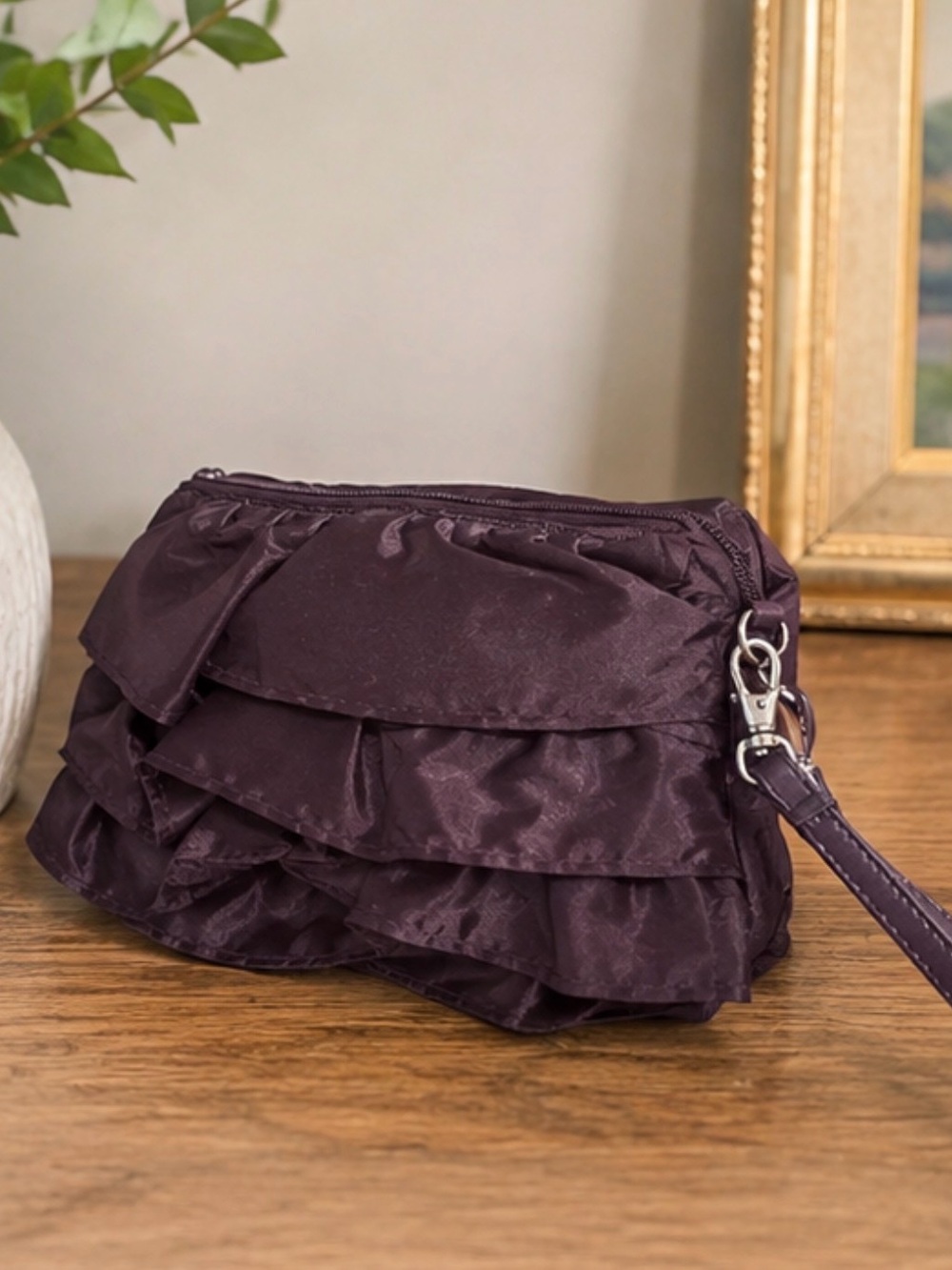 Thirty One Ruffled Satin Clutch Wristlet in Dark Purple